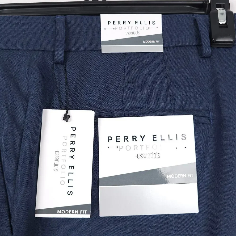 Perry Ellis Portfolio Mens Modern Fit Dress Pant 36x32 Indigo Blue Plaid Stretch